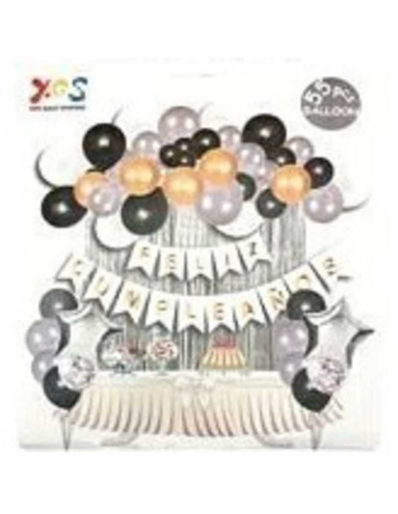 SET DECORATIVO 55PCS FELIZ CUMPLEAÑOS FRASE CORTINA Y ARCO DE GLOBO PLATA