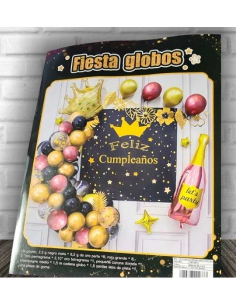 SET SUPER GUIRNALDA DE GLOBOS TODO EN UNO POSTER FELIZ CUMPLEAÑOS BOTELLA DORA/ROSA 36PCS x1