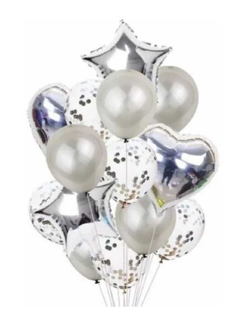 SET 14 GLOBOS CORAZON ESTRELLA METALIZADO LATEX PLATA x1