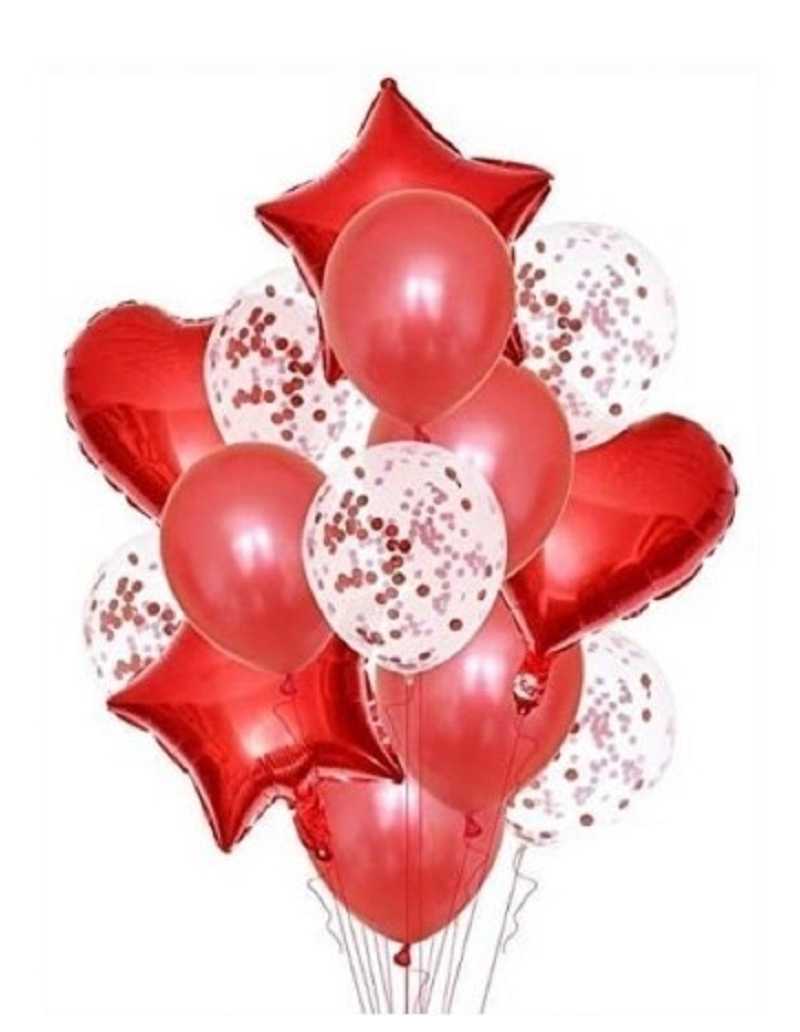 SET 14 GLOBOS CORAZON ESTRELLA METALIZADO LATEX ROJO x1